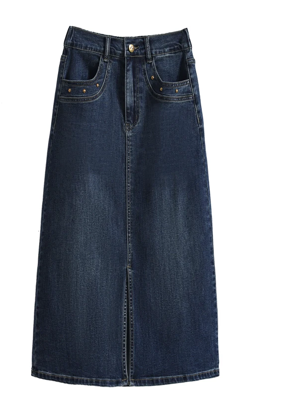 Gonna a trapezio midi in vita elastica ampia Gonne f-lunghezza in denim per gonne coreane comode e traspiranti da donna taglie forti