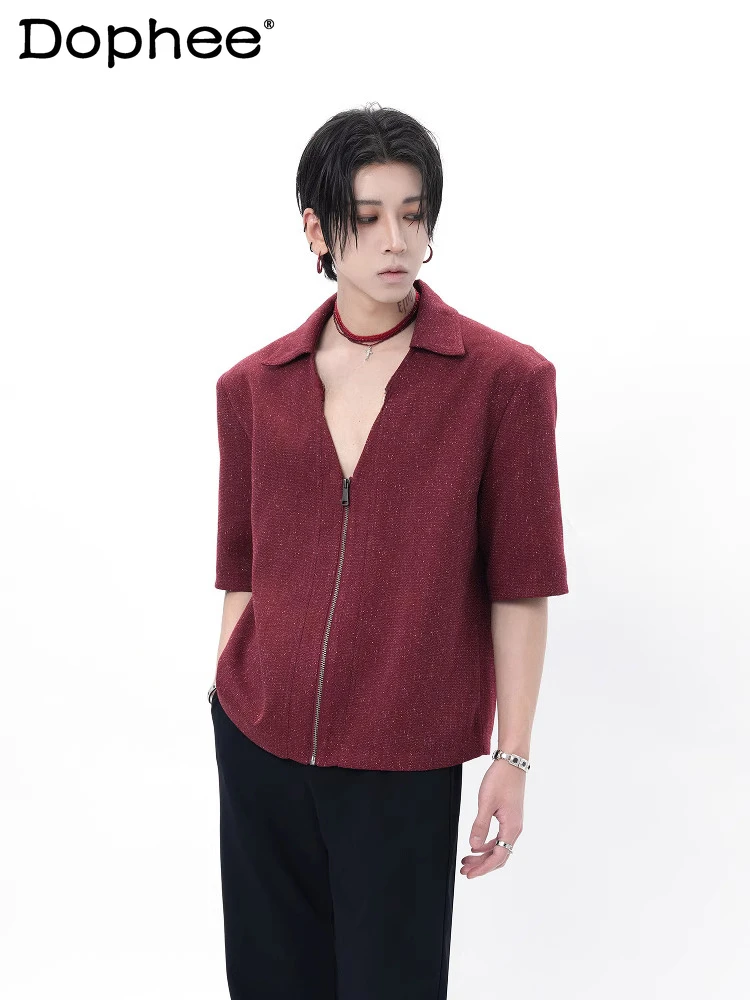 

Red V-neck Fashion Shiny Shirts Men's 2025 Summer New Zipper Short-sleeve Handsome Shirt Male Trendy Loose Comfort Lapel Tops