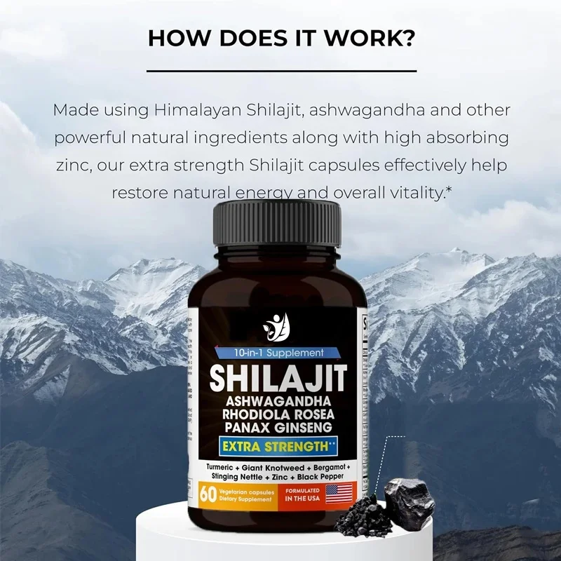 Shilajit-男性用の純粋なヒマラヤカプセル,南アフリカの飲酒ナス,ロジオラ,高麗人参,イラクサ,18000 mg,60