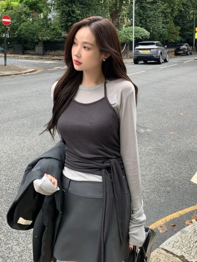 Chic Early Spring Long Sleeve Base Shirt Women's Design Sense Tie Pure Desire Outerwear Fashionable Set Top Quality Ladies' E...