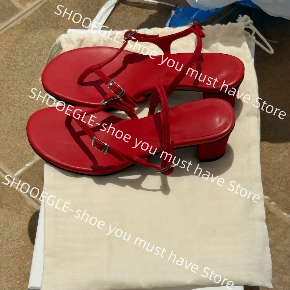 Women's Red Leather Thong Multi Strap Ankle Buckle Kitten Heel Sandals Romantic Summer Classic Design Elegant Ladies Dress Shoes