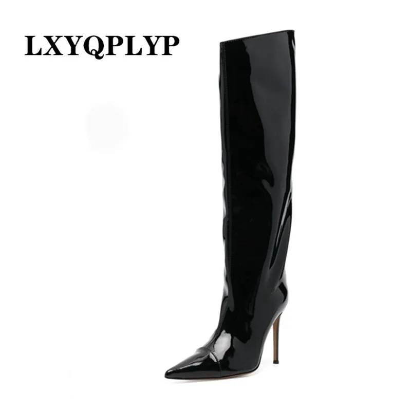 2022 Autumn and Winter New Women\'s Knee-high Boots with A Heel Height of 10 Cm Retro Style Patent Leather  Thigh High Boots