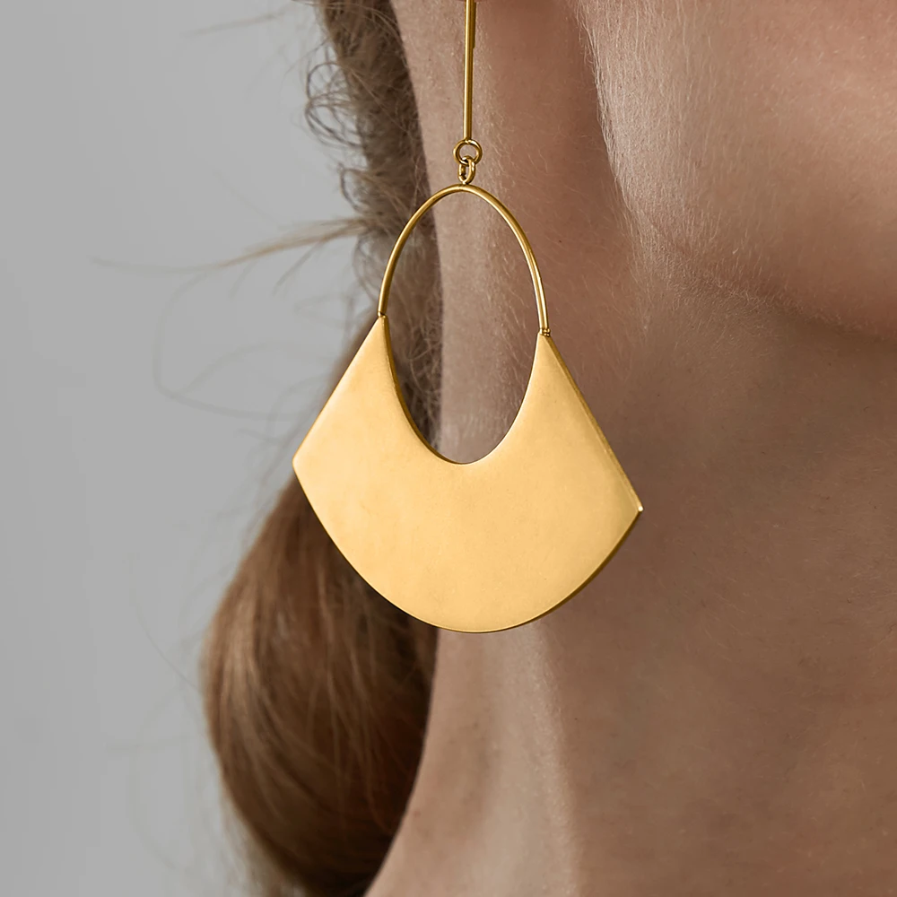 Enfashion Jewelry Geometric Big Fan Earrings Matte Gold color Stainless steel Long Drop Earrings For Women Earings EB171040