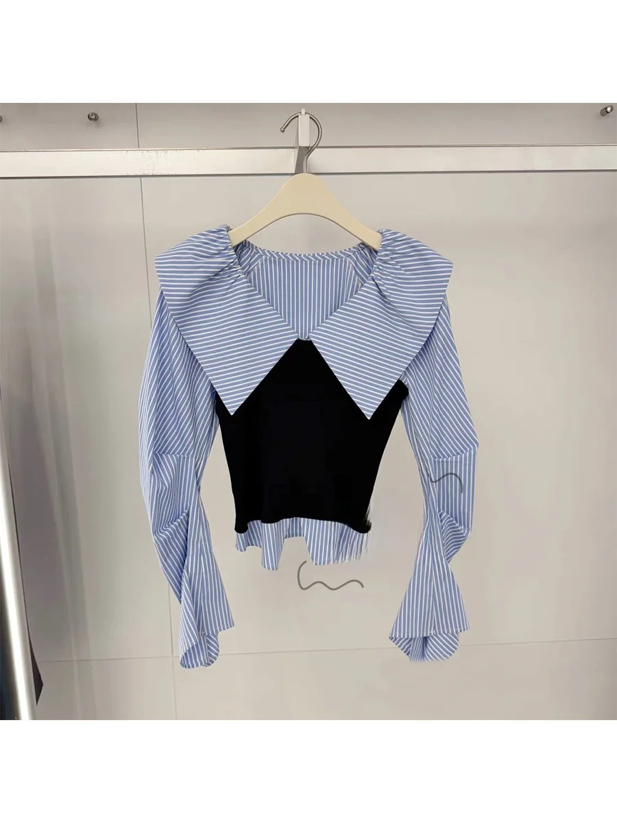 

Fashionable Slim Fit Patchwork Shirt Spring 2026 New Style Casual Style One Shoulder Design Big Flip Mock Two-Piece Top for W...