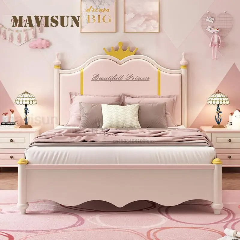 Nordic Modern Pink Children's Bed For Girl With Solid Wood Frame Loft Princess Bed 1.2m 1.5m Children's Room Furniture Set