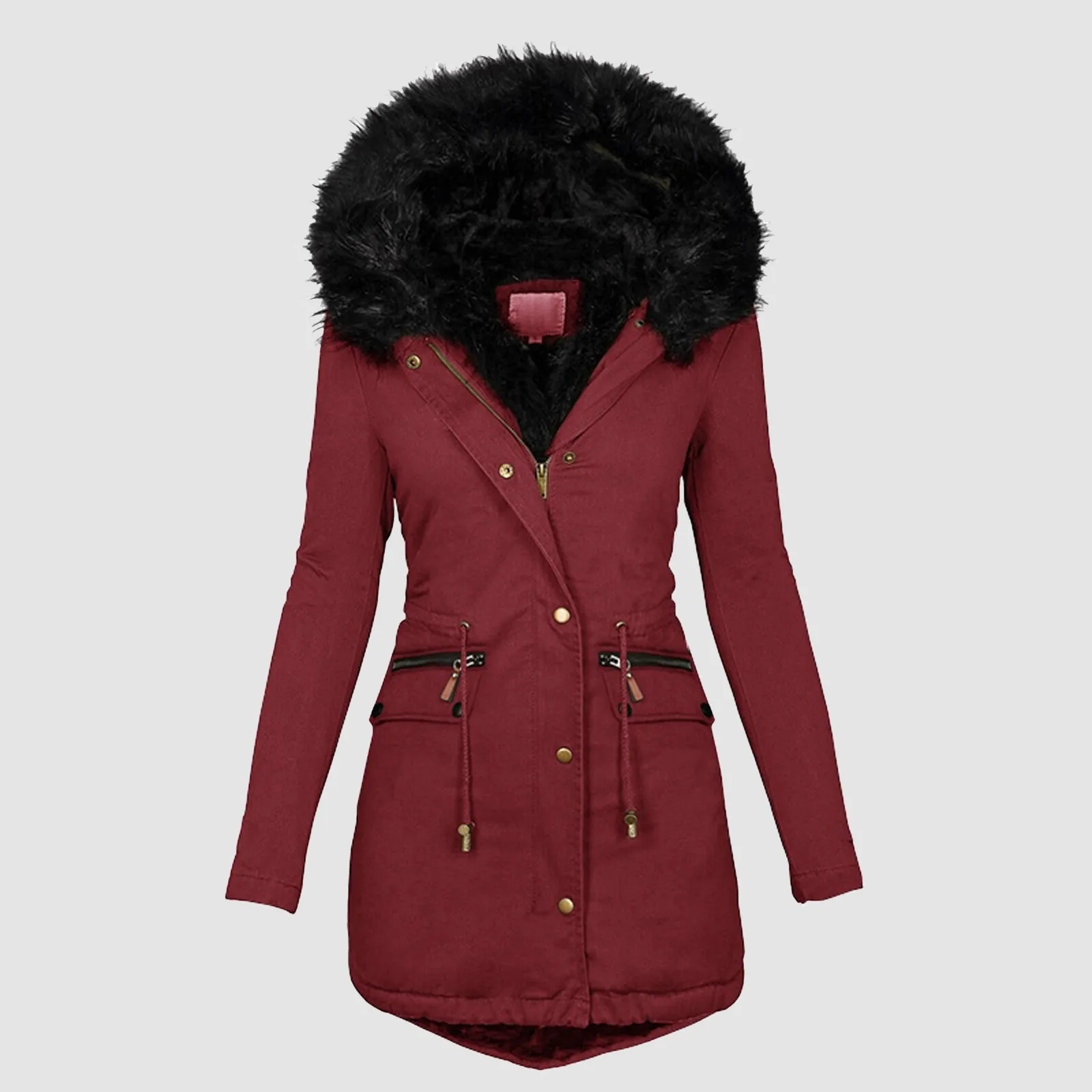 Winter Long Sleeve Faux Fur Hood Mid-length Warm Coat Parka Snow Outerwear Winter Jacket Women Down Coat Women Fur Collar Women