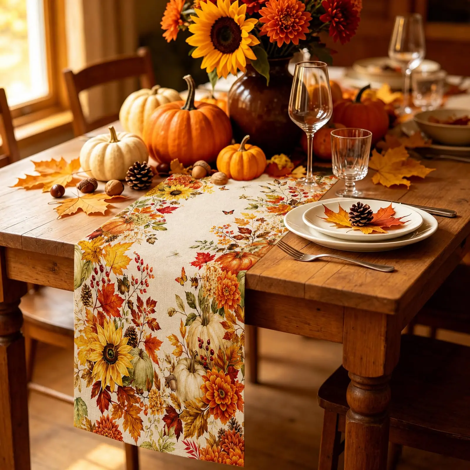 Fall Table Runner Pumpkin Floral  Maple Leaves Fall Decoration for Thanksgiving Friendsgiving Autumn Table Centerpieces Backdrop