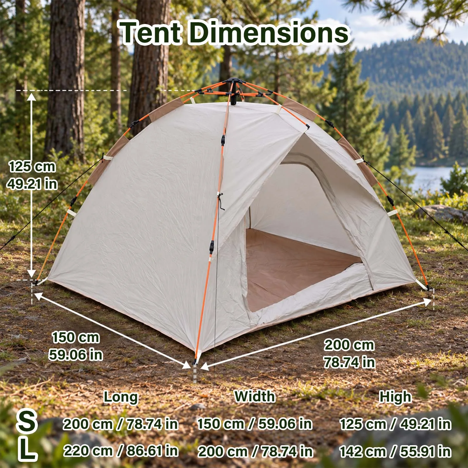 Pop Up Camping Tent Automatic Instant 2 Person Beige Dome Tent 2 Doors Mesh Door for Forest Night Glamping Outdoor Cozy