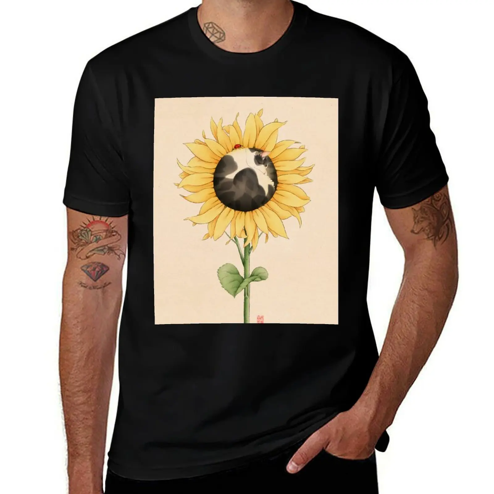 

Cat in Sunflower with Ladybird T-Shirt Simple Line Art Print Tee