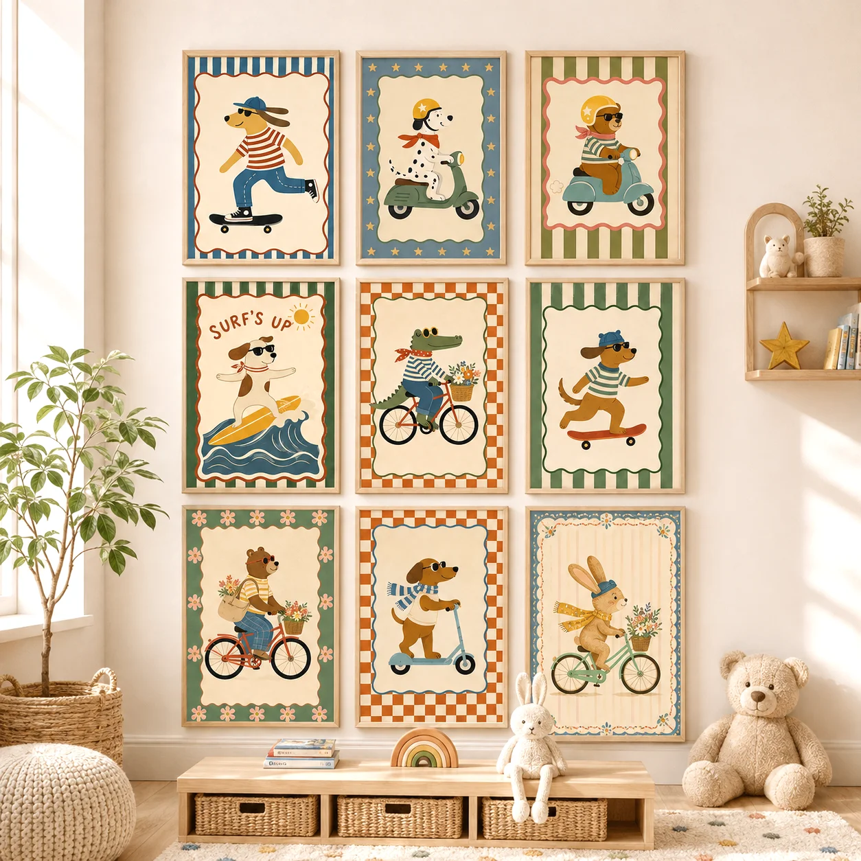 Skateboarding Dachshund Wall Art, Whimsical Dog Canvas Print, Funny Cartoon Animal Poster, Kids Bedroom Nursery Home Decor