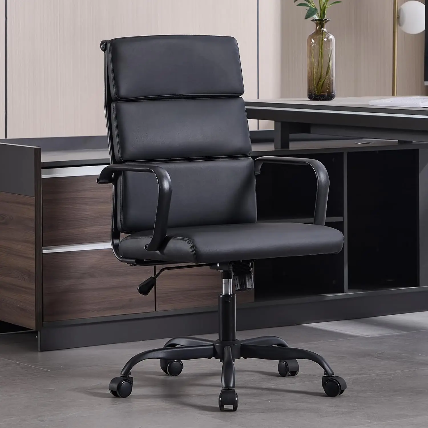 Ergonomic Office Chair Ribbed Leather Mid-Back Swivel Lumbar Support Adjustable Height Padded Seat Conference Desk, Customized