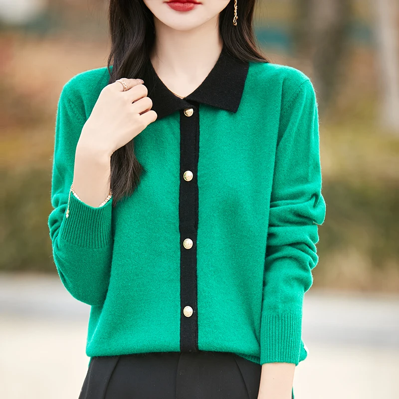 

Autumn Winter Fashion 100% Merino Wool Knitted Cardigan A Button-Down Collar Soft Long Sleeve Basic Clothing Tops
