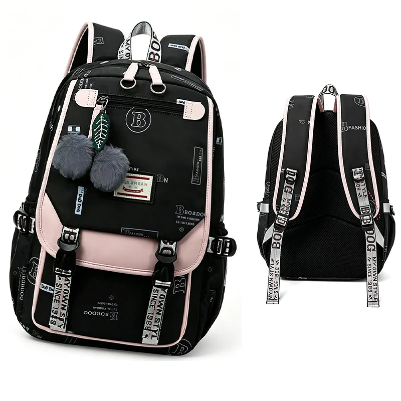 Cute Printed School Backpack for Girls, Fashion Student Bookbag with Fluffy Pom Pom Pendant