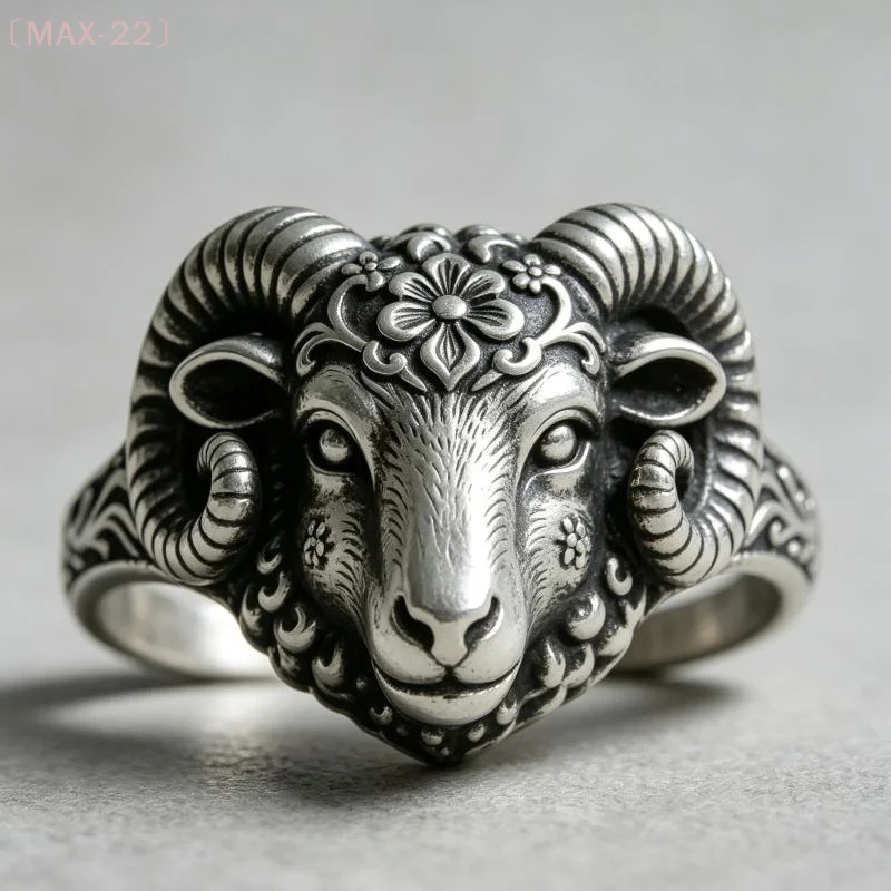 〔MAX-22〕Vintage Silvery Ram Head Ring Carved Flower Aries Gothic Animal Punk Jewelry Gift