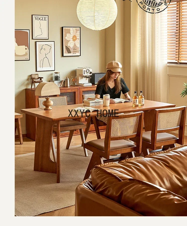 

Mid-Ancient Solid Wood Dining Table Rectangular Living Room Ash Log Dining Table and Chair Combination