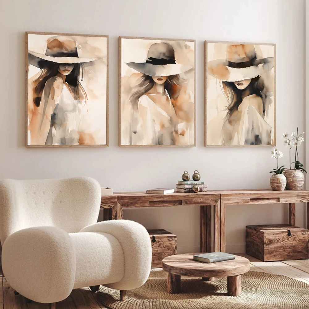 Abstract Portrait Woman with Hat Black Coffee Canvas Painting Poster Print Living Room Nordic Wall Art Picture Modern Home Decor