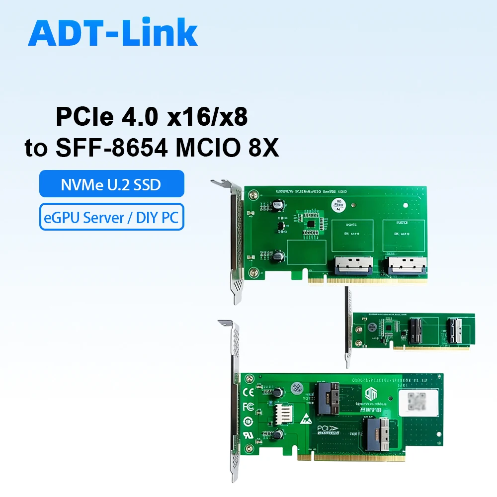 PCIe 4.0 x16/x8 to SFF-8654 MCIO 8X Adapter Card, External GPU Expansion Bifurcation Card for DIY PC eGPU / U.2 NVMe SSD