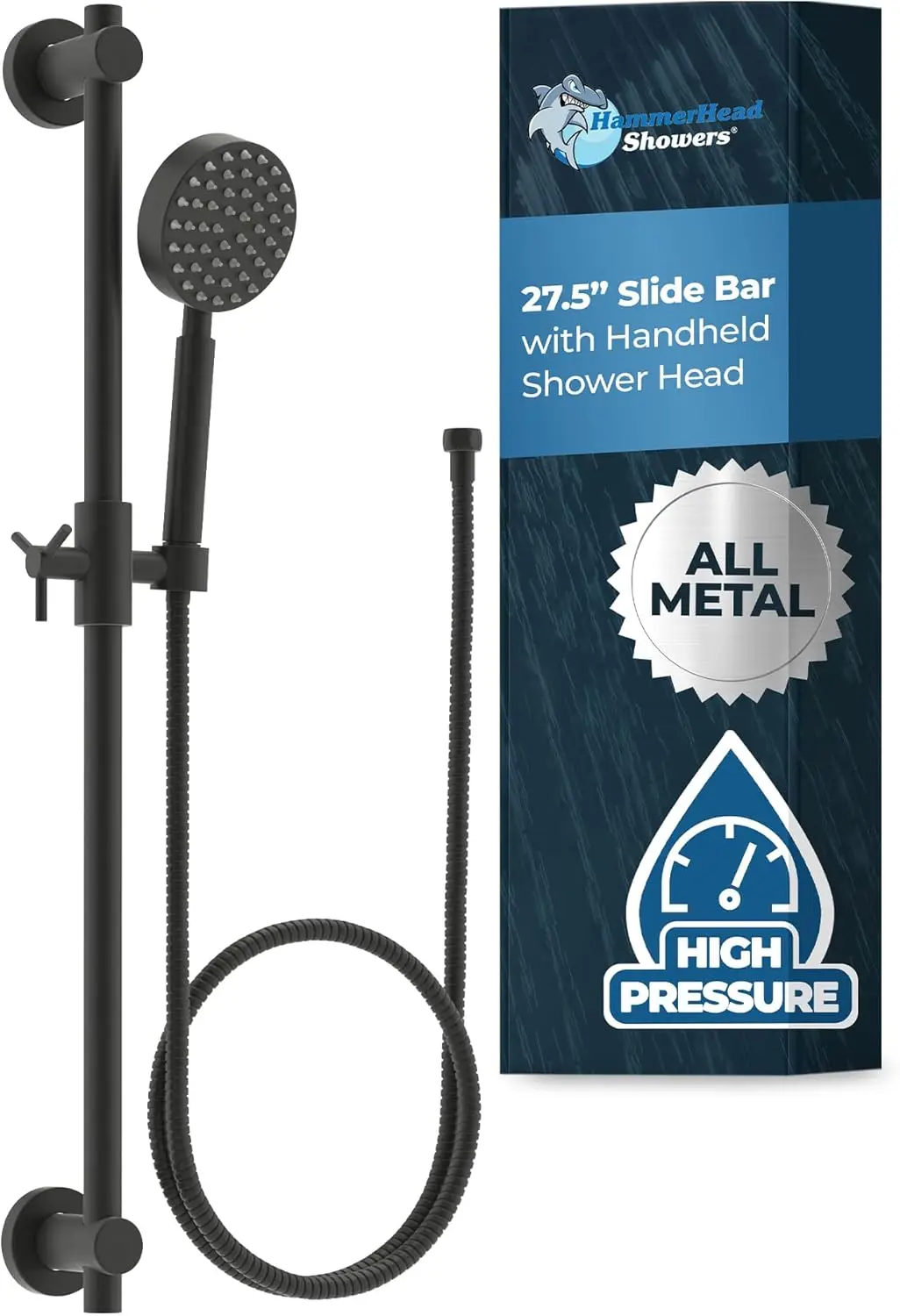 

® Solid Metal 27.5 Inch Shower Slide Bar Set and Handheld Shower Head with Hose — MATTE BLACK — 2.5 GPM High P