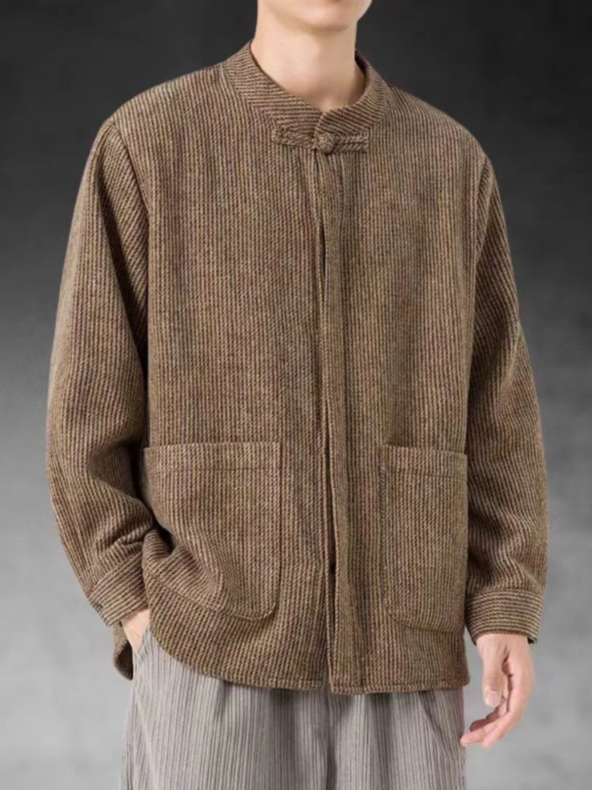 

Thiened Woolen Men's Casual Jaet with Button Decorations Chinese Sle Spring Autumn New Faion Hanfu Coat Large Size