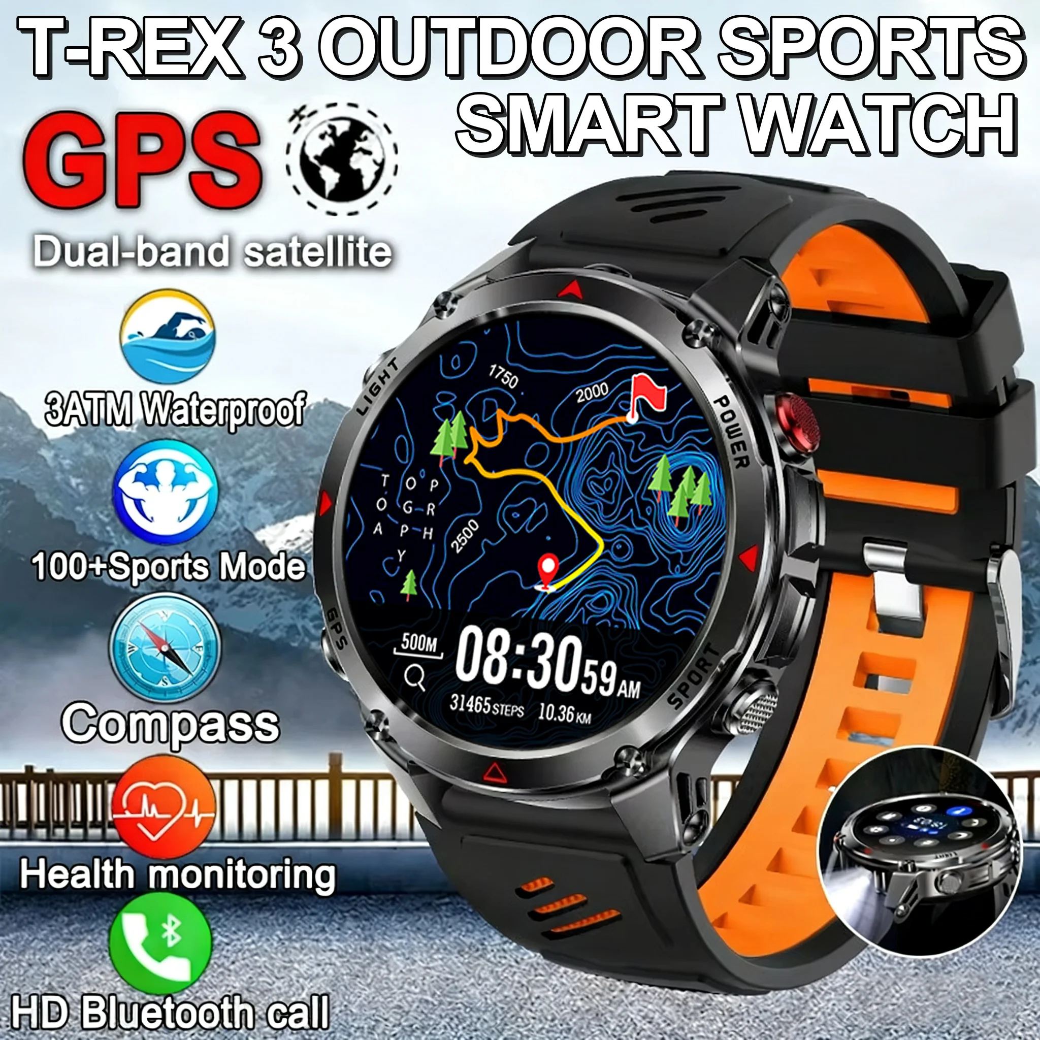 

2025 New Sports Smart Watch GPS 1.46"HD LED Flashlight 540 MAH Men 100+ Sports 3ATM Waterproof Compass Wireless Call Smartwatch