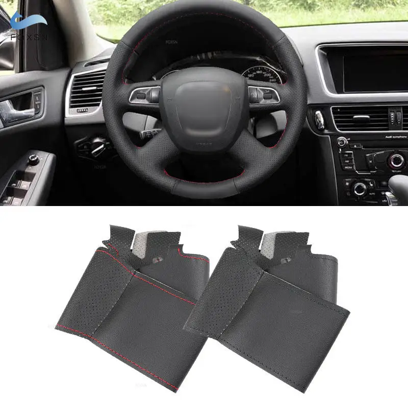 

For Audi 4-Spoke w/button A3 8P A4 B8 A5 8T A6 C6 A8 D3 Q5 8R Q7 4L Hand-stitch Car Steering Wheel Cover Perforated Leather Trim