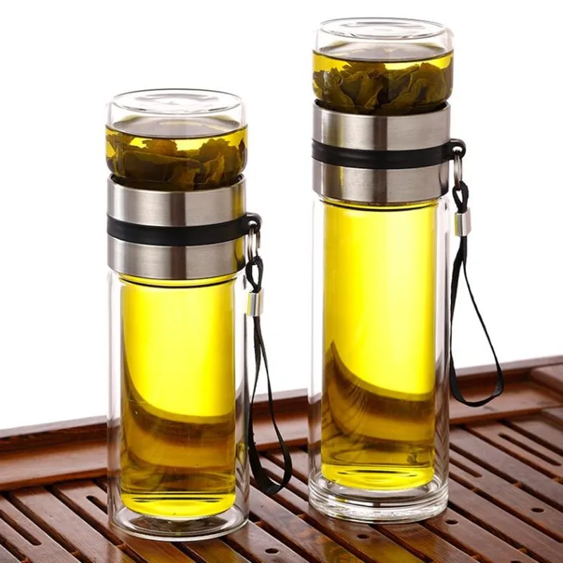 High Borosilicate Glass Tea Water Bottle with Filter, Double Layer Infuser Tumbler, Drinkware