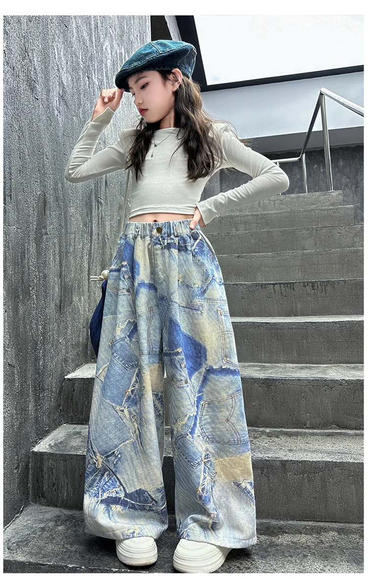 

5-13T spring autumn children kids girls fashion streetwear stretch waist wide leg jeans