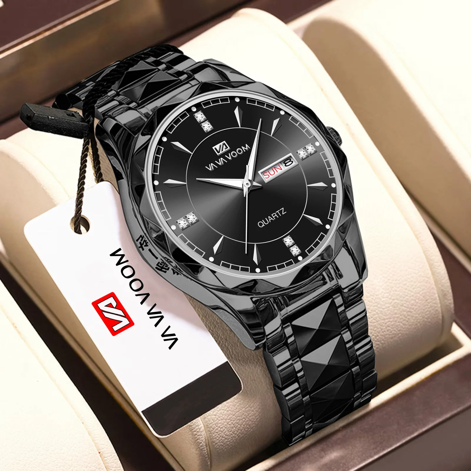 VA VA VOOM Men Stainless Steel Watch Classic Black Rhinestone Luxury Business Clock 3Bar Week Movement Sports Quartz Wristwatch