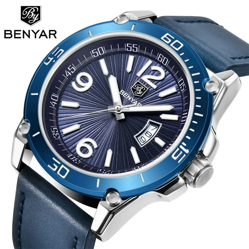 BENYAR 5166 Men's Fashion Quartz Wristwatch, Large Dial, Luminous Hands, Calendar Display, Leather Strap, Water Resistant, Relog