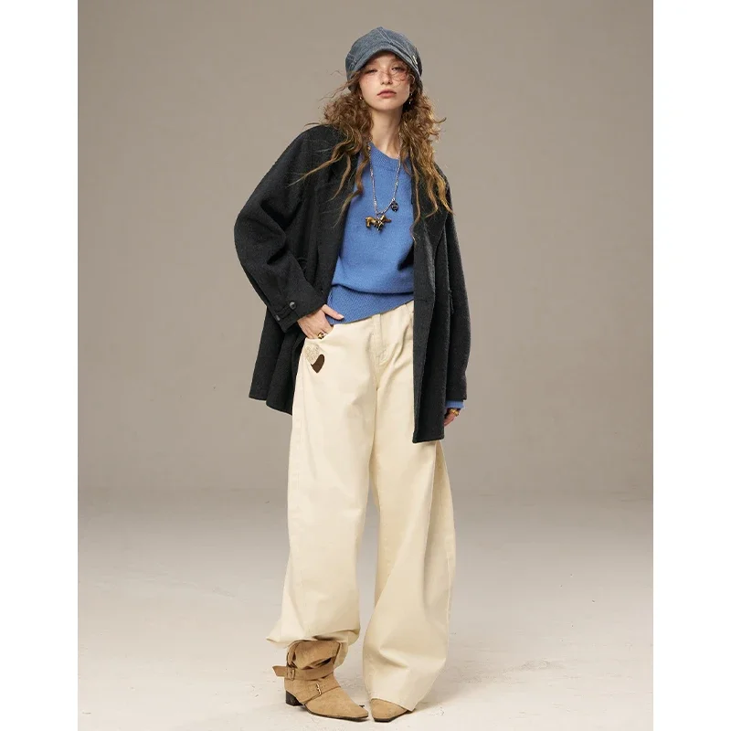 ELFSACK Women's Vintage Short Woolen Coat with Double‑Breasted Buttons, Loose Oversized Outerwear for Winter Daily Wear