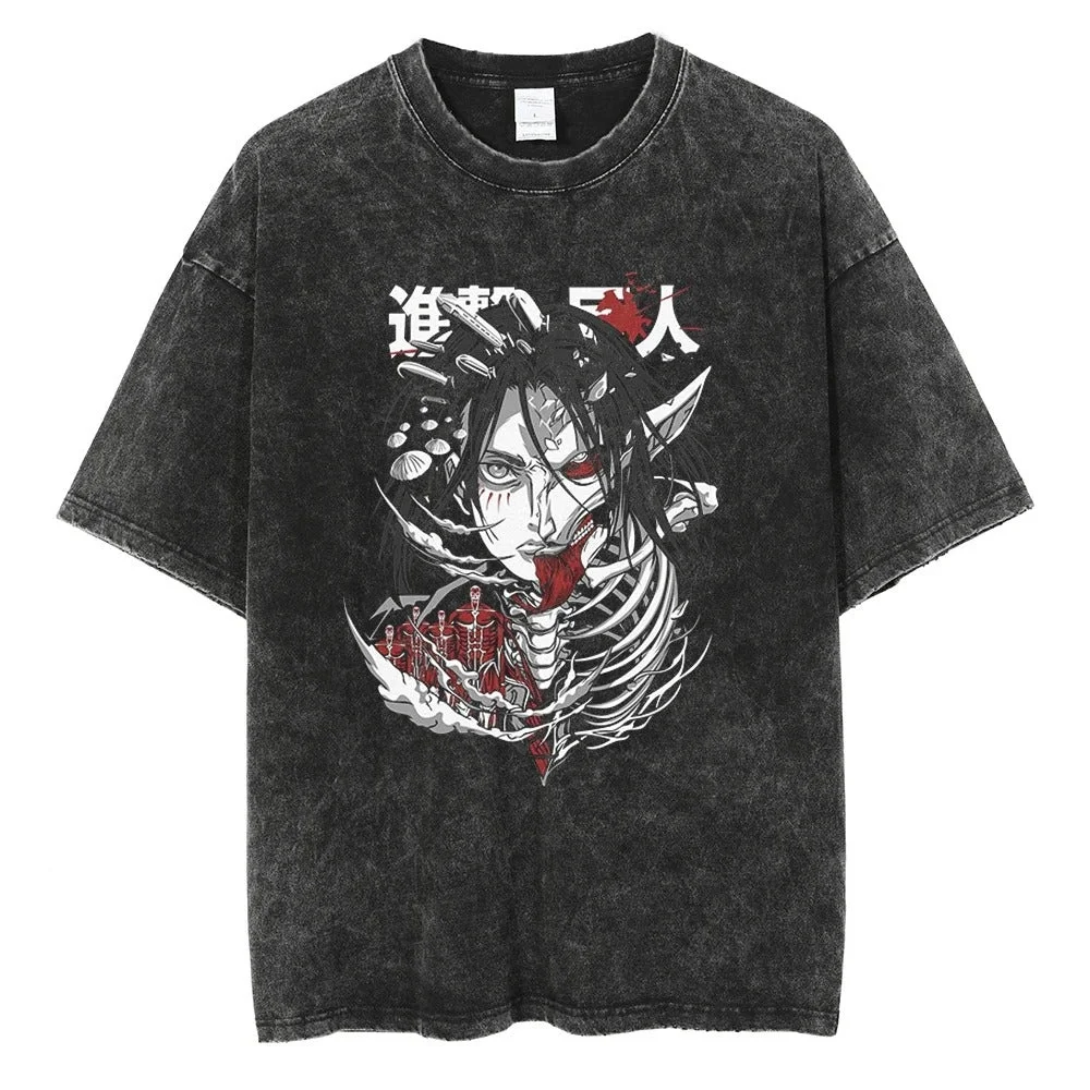 

Attack on Titan Anime Pattern Printed Washed T-shirt Men and Women Retro Breathable Casual Street Style Oversized Summer T-shirt