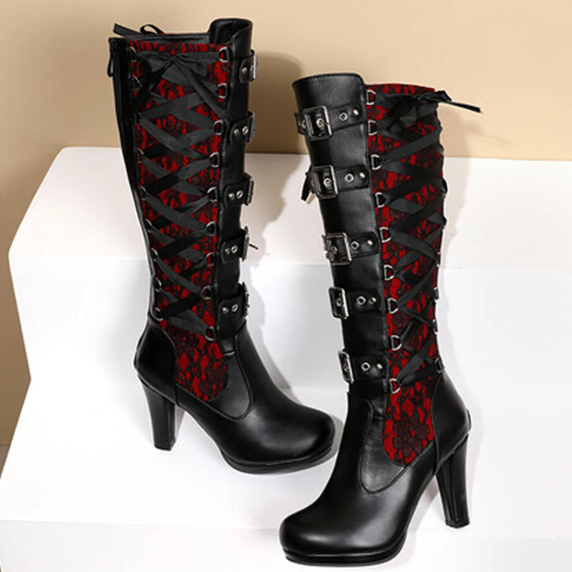 

Platform Boots for Women Lace Up Chunky High Heel Med Calf Boots Narrow Band Bow Knot Goth Gothic Shoes Winter 2023