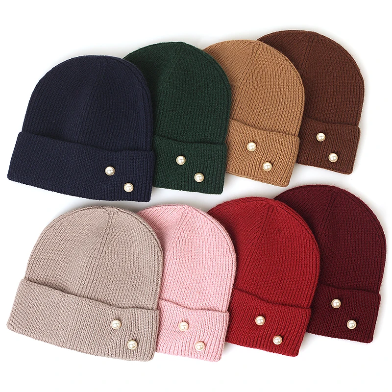 Women Retro Warm Pearl Beanies Hat Trendy Ladies Autumn Winter Hats Hip-hop Striped Beanie Chapeu Feminino Cap