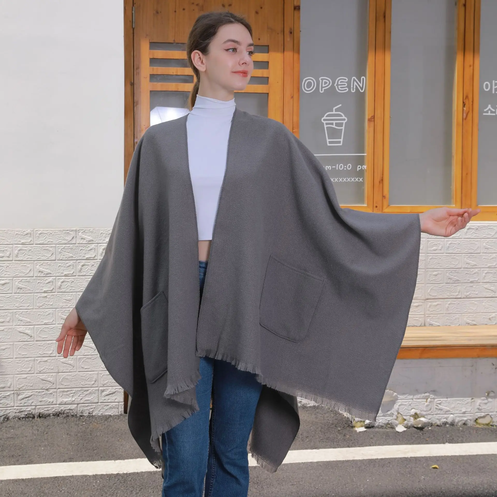 Autumn Winter Warm Knitted Thicken Solid Shawl Wraps With Pocket Faux Cashmere Women Split Cape Bat Type Outerwear Poncho Mantle