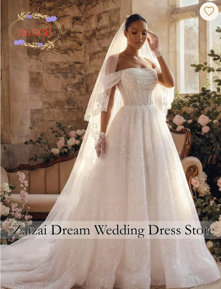 Customized Exquisite Off the Shoulder Wedding Dress Beaded A-Line Shiny Princess Bride Gown Party Vestido De Novia