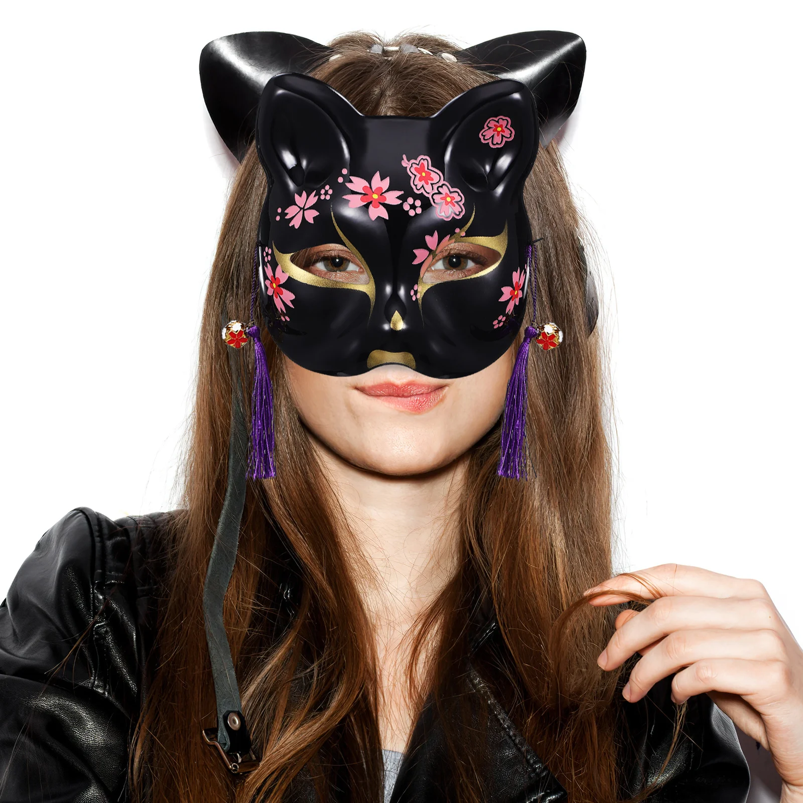 2 Stück Kitsune-Maske, Halloween, Tier, Cosplay, halbe Gesichtsmasken für Maskerade, Party, Kirschblüten-Katzenmuster, leicht, robust