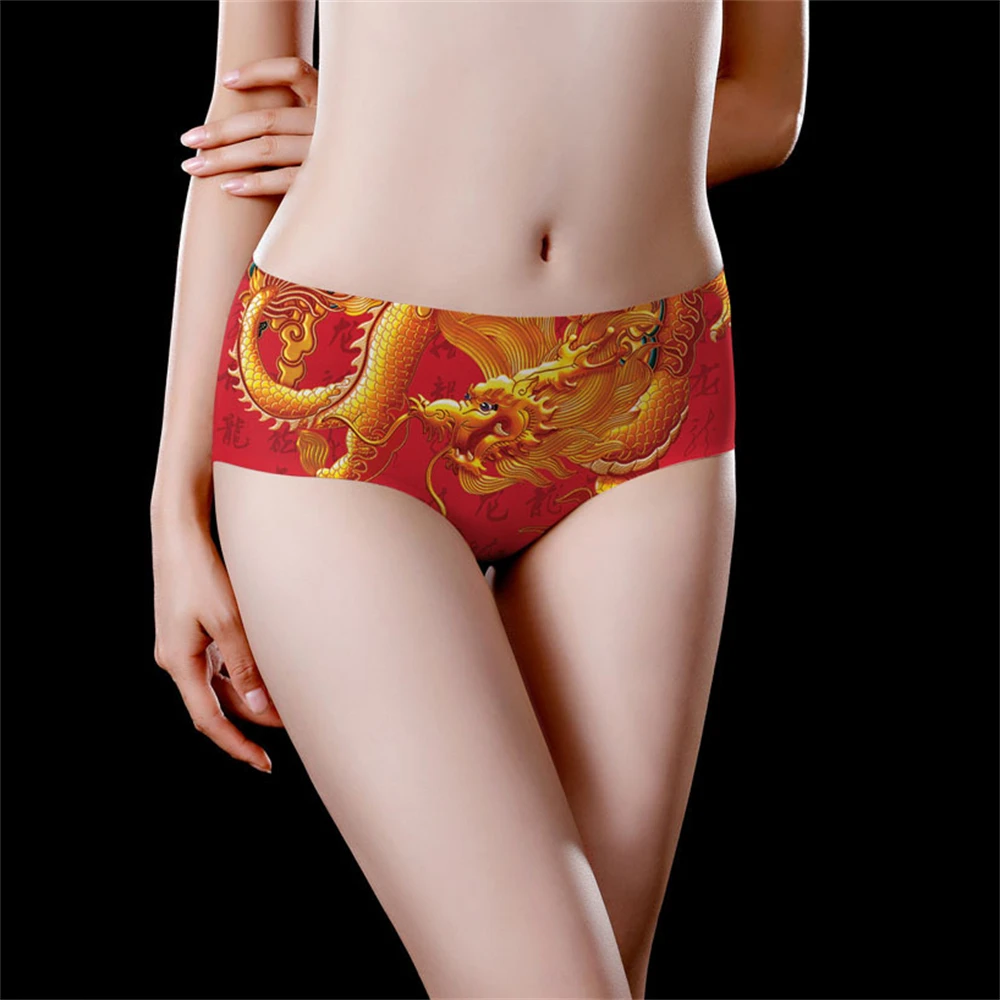 

1 шт., бесшовное женское нижнее белье из ледяного шелка с принтом, праздничные красные сексуальные треугольные брюки со средней талией, подтягивающие ягодицы