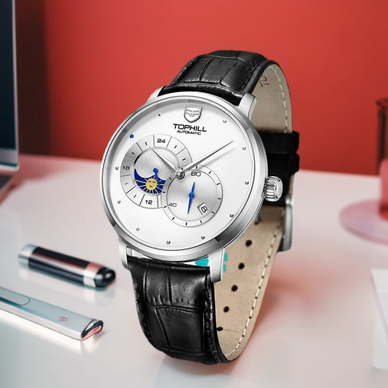 ساعة توفيل للرجال حركة أوتوماتيكية 42 ملم هيكل من الفولاذ المقاوم للصدأ كريستال الياقوت الفرقة الجلدية الثانية الصغيرة مرحلة القمر