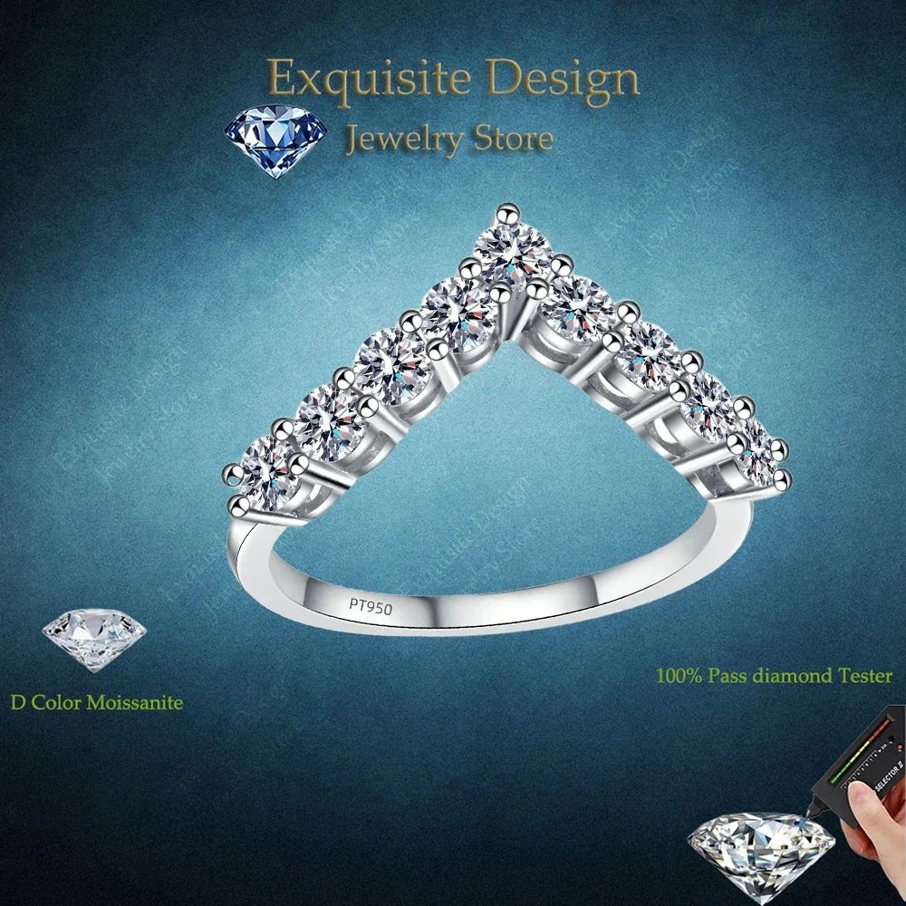 Exquisite Design V Shape Luxury 0.9 Carat Moissanite Diamonds Rings for Women, Simple Platinum Pt950 Tail Ring Atmosphere Gift