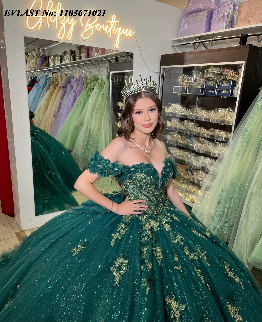 EVLAST Maßgeschneidertes grünes Quinnceanera-Kleid, Ballkleid, glänzende Spitze, Perlenstickerei, Schleife, Korsett, Sweet 16, Vestidos de 15 Anos SQ641