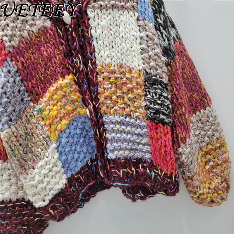 Korean Style Thick Knit Heavy Handmade Sweater Cardigan Autumn Winter New Color Contrast Vintage V-neck Loose Coat Short Top