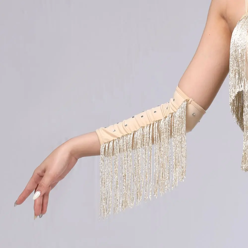 Performance Stage Latin Dance Fringed Sleeves Drilling Rhinestone Flash Women's Arm Sleeves Solid Color Latin Dance Costumes