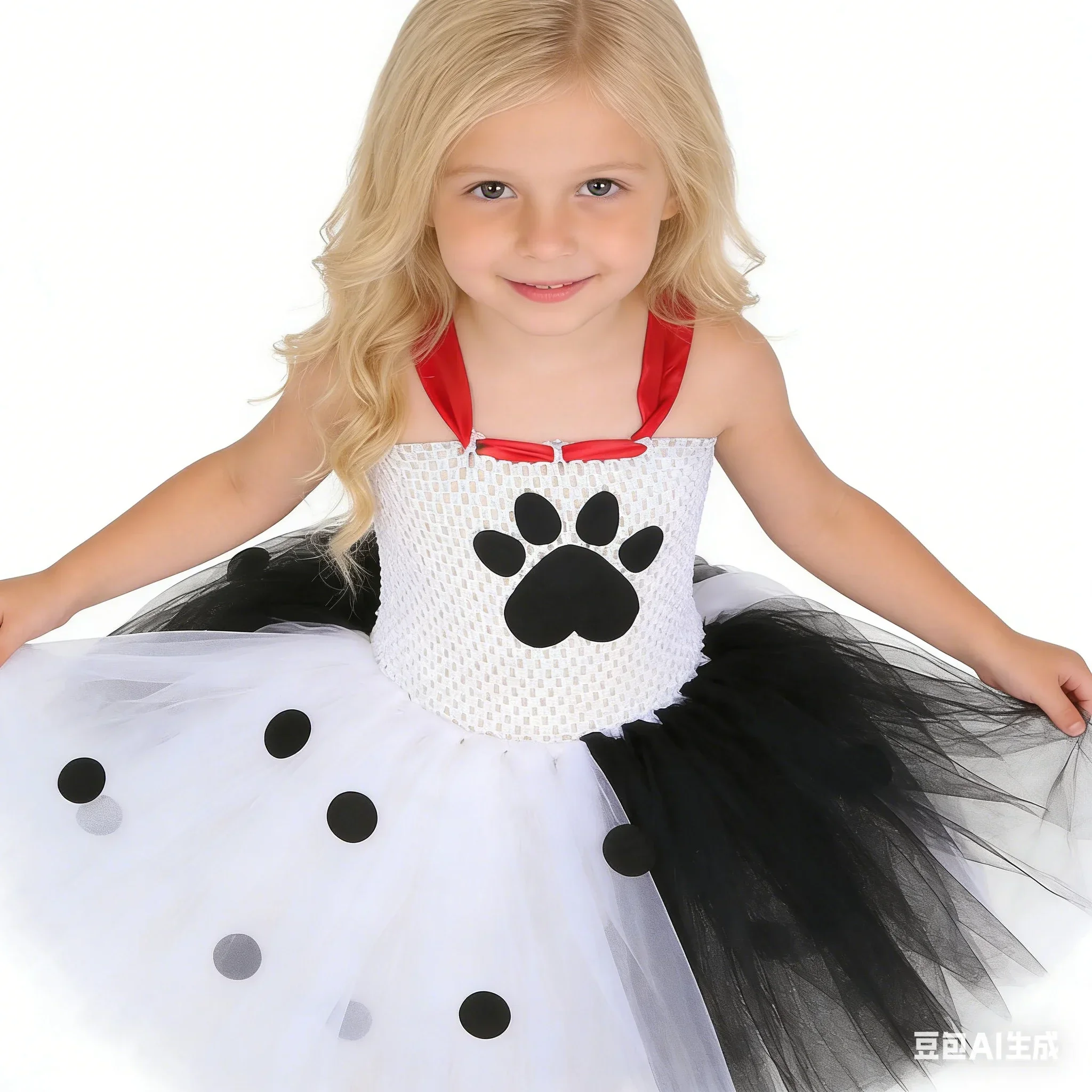 Animal Puppy Cos Loyal Dog cos Black and White Kuillard Deville Spotted Dog Dress Children's Mesh Dress Performance Costume ZZ12