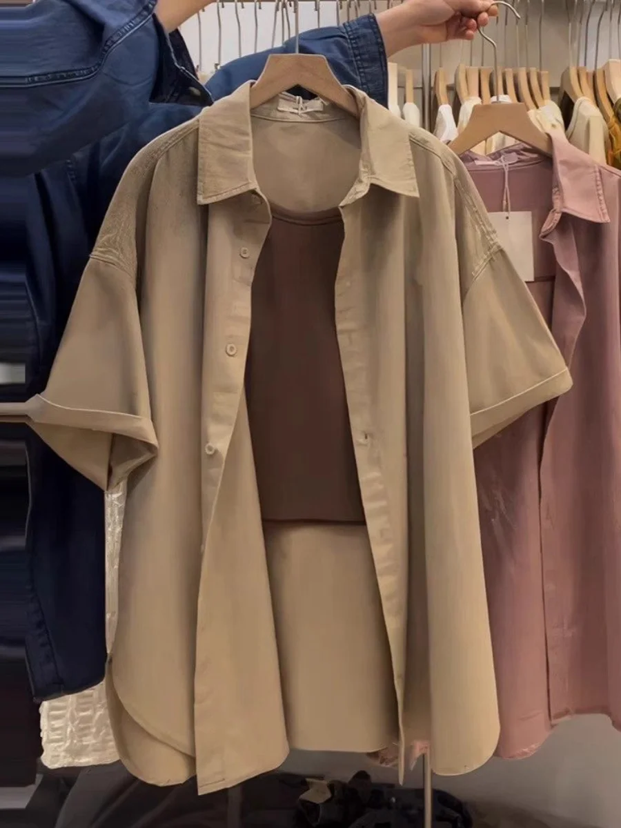 

plus Size Women's Vintage Hong Kong Style Short Sleeve Shirt Loose Fit Summer Fashionable Student Thin Outerwear Henry Collar