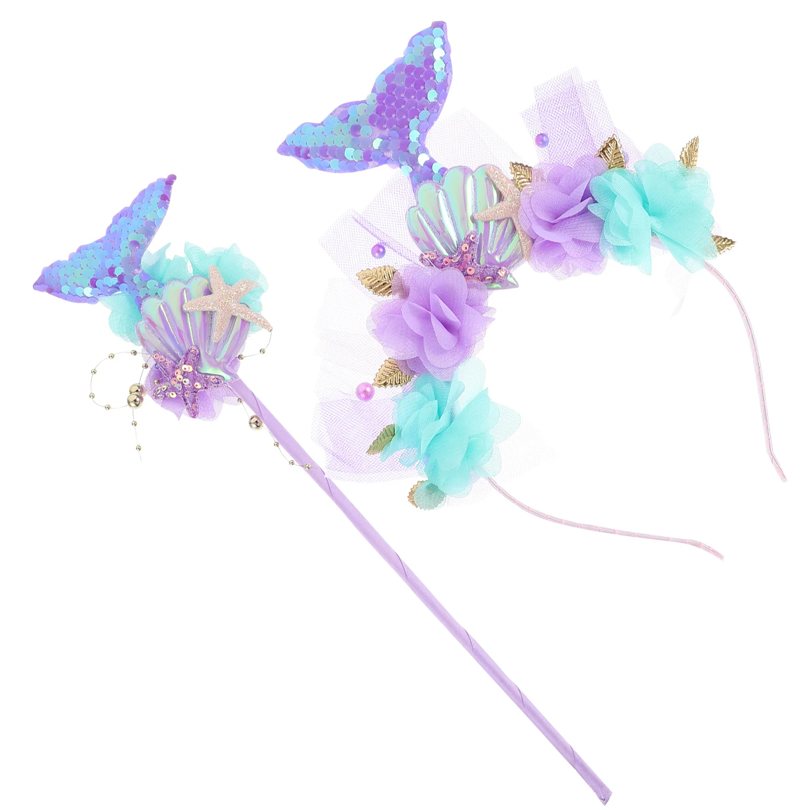 1 Juego de diadema de sirena, conjunto de varita de hadas, accesorios de disfraz de lentejuelas para niñas, fiesta de Cosplay, cumpleaños, accesorio de despedida de soltera ligero