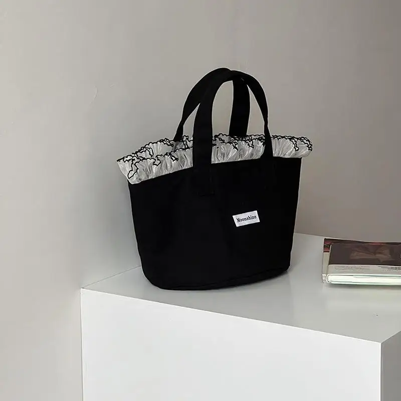 

Korean Ins Lace Canvas Tote Bag Portable Large Capacity Handbag Stylish Sweet Women's Handbag Birthday Gift
