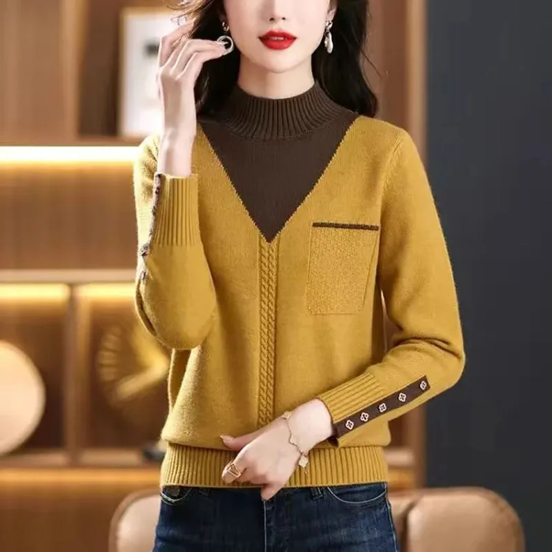 

Women Sweater 2025 New Autumn Winter Splicing Streetwear Fashion Mock Neck Long Sleeve Casual Slim Knitted Pullovers