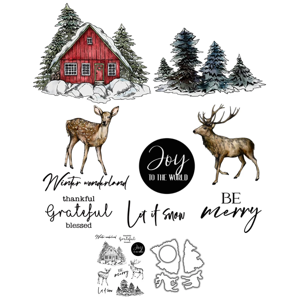 MangoCraft Christmas Reindeer Cutting Dies Clear Stamp Winter Cottage In Snow DIY Scrapbooking Metal Cut Dies Stamps For Cards