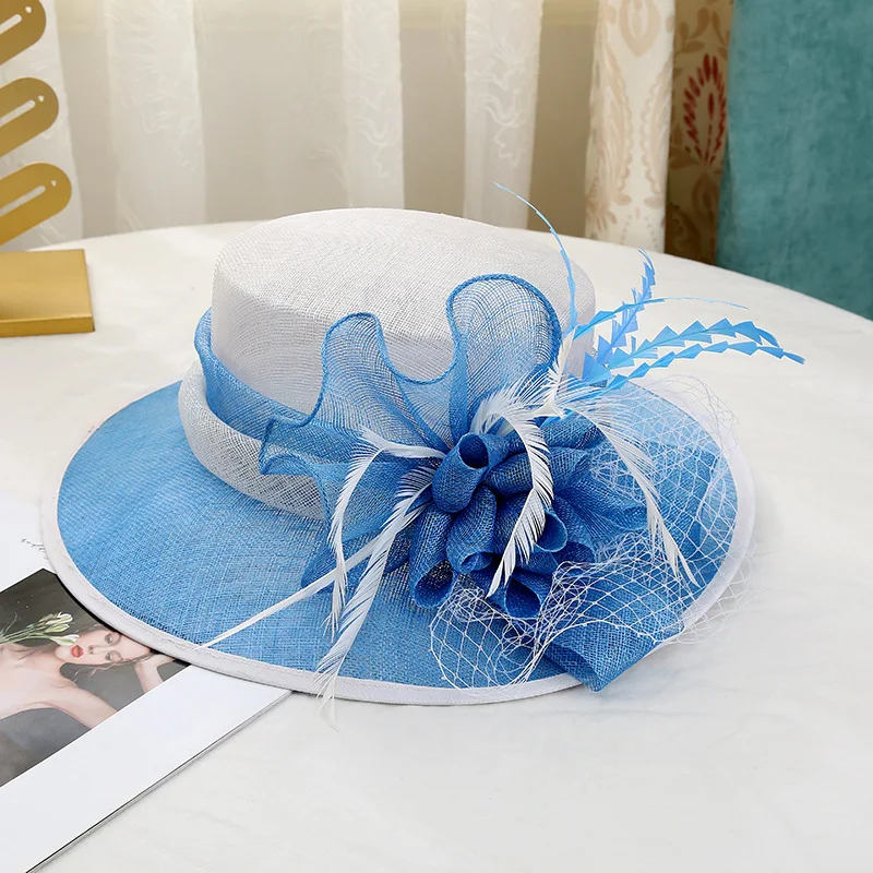 Double hemp yarn pattern design feather accessories big brim sun hat elegant banquet hat wedding beach vacation equestrian hat