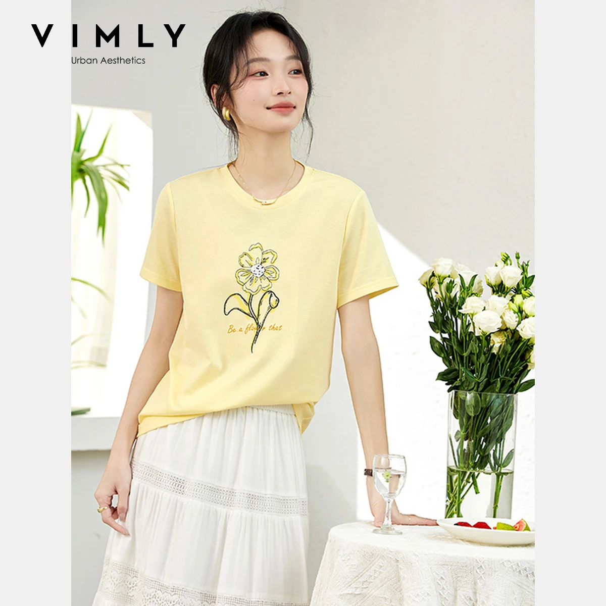 

VIMLY Sunflower Short Sleeve Tops Women's 2025 Summer Beaded Embroidery Printed Round Neck Woman T-shirt Chemises Femmes A1136